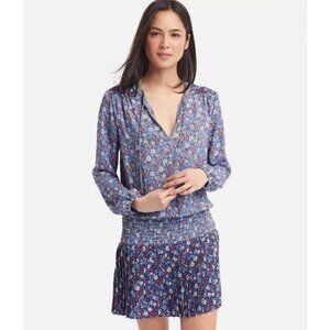 Gap Women XS Floral Long Sleeve Pleated Skirt Dress Blue Red pleated detail fall